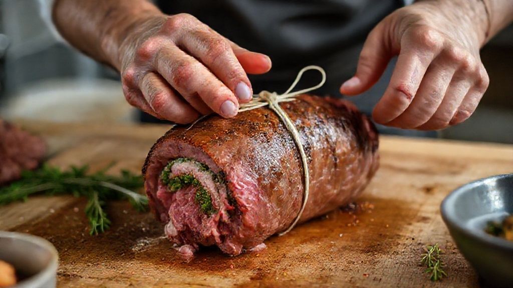 Mãos enrolando a carne e amarrando com barbante culinário antes de levar ao forno