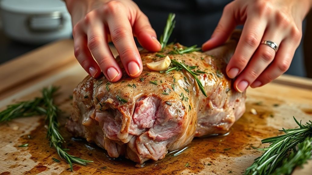 Mãos temperando o cordeiro com marinada de alho e alecrim antes do forno