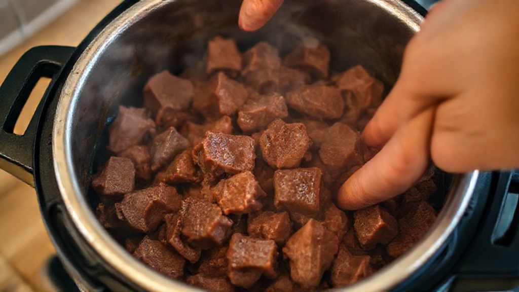 Mãos dourando os cubos de músculo na panela de pressão, vapores subindo e cores vivas