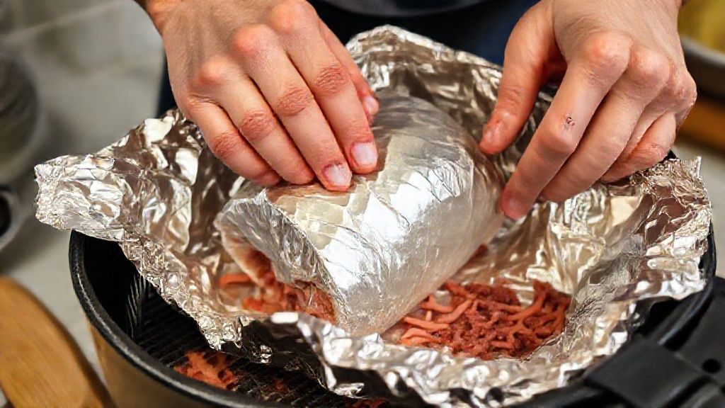 Mãos enrolando o bife com recheio e envolvendo no papel alumínio para colocar na airfryer.