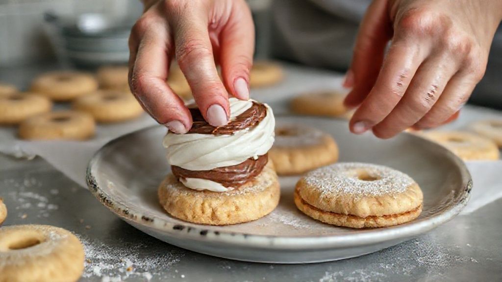 Mãos modelando os biscoitinhos e montando o recheio de leite ninho e Nutella