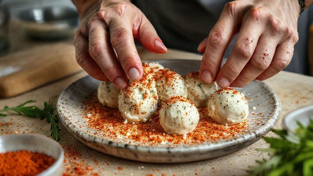 Mãos moldando as bolinhas de chancliche sobre um prato com zaatar e páprica.