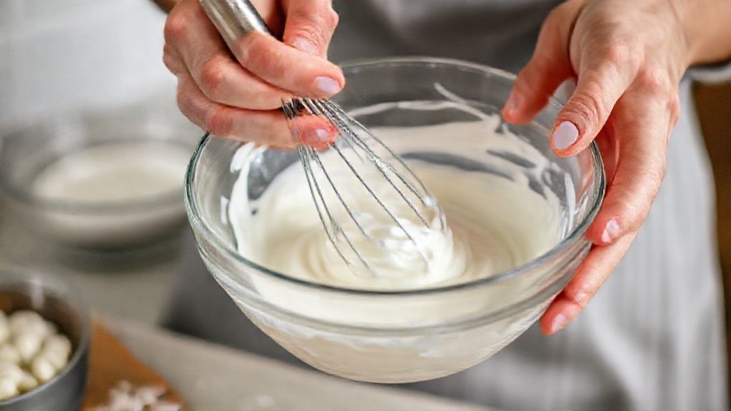 Mãos batendo o creme de leite na batedeira até formar picos firmes