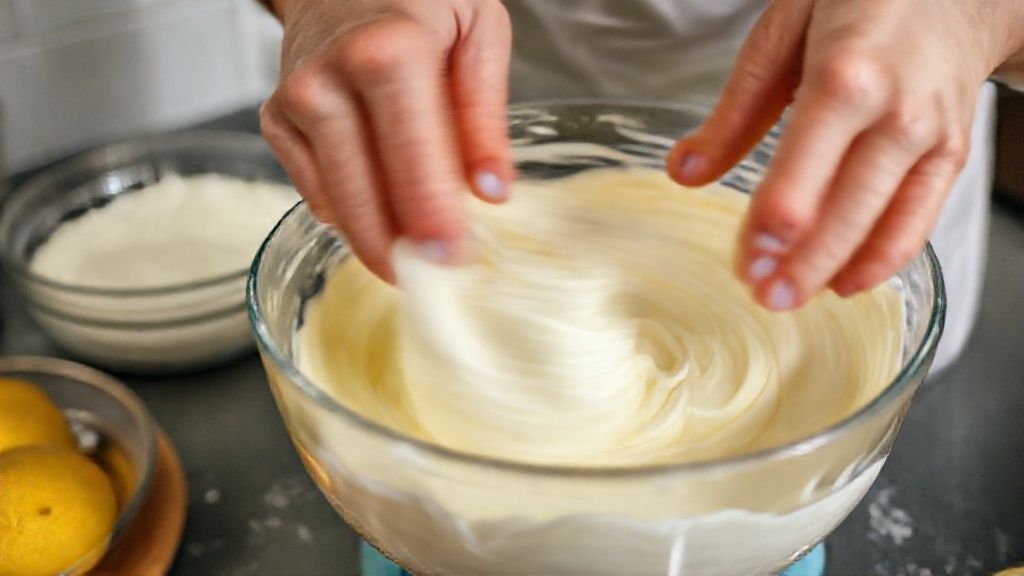 Mãos batendo o cream cheese e incorporando os ovos e o suco de limão durante o preparo da massa do cheesecake