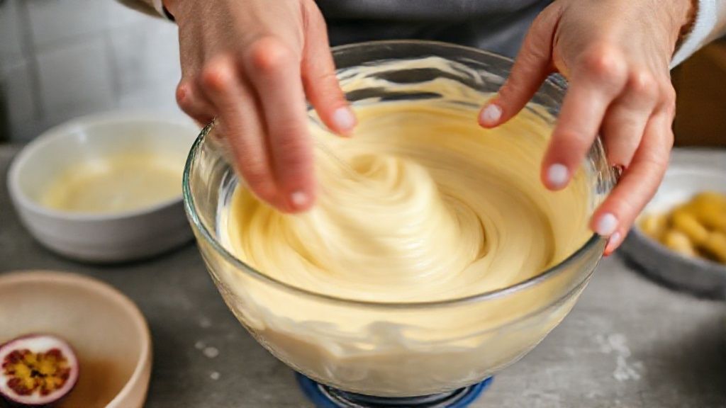 Mãos misturando o creme de cheesecake em tigela, mostrando o processo de preparo antes da montagem