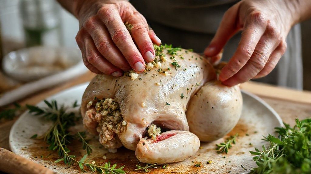 Mãos recheando o chester com farofa de pão, uvas-passas e castanhas em cozinha iluminada.