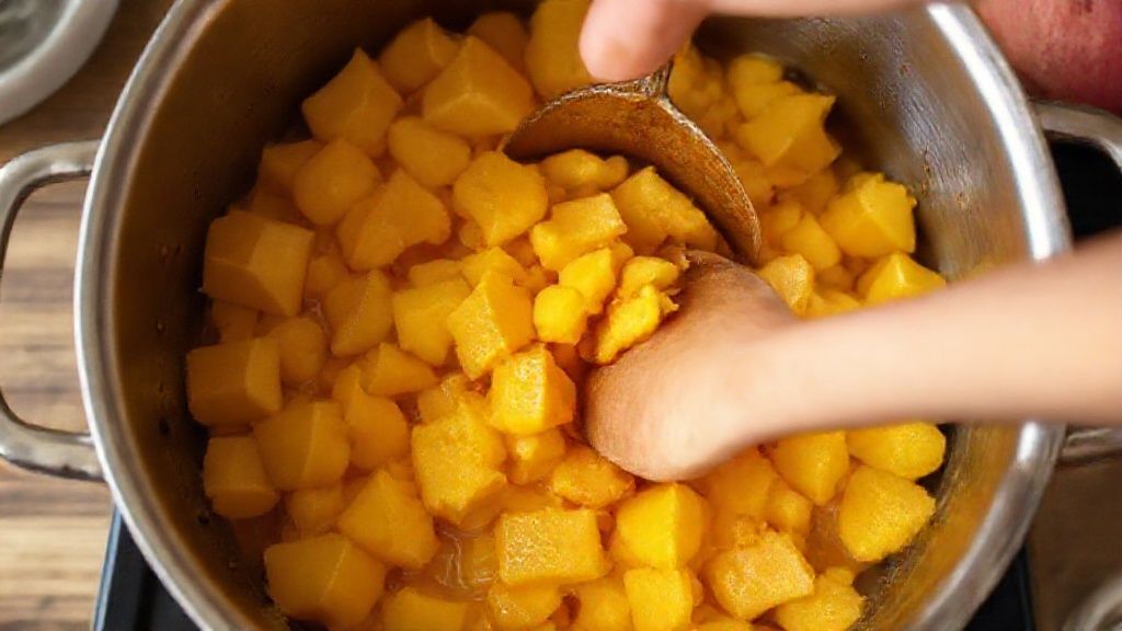 Mãos mexendo os pedaços de pêssego em panela durante o cozimento, com textura dourada se formando