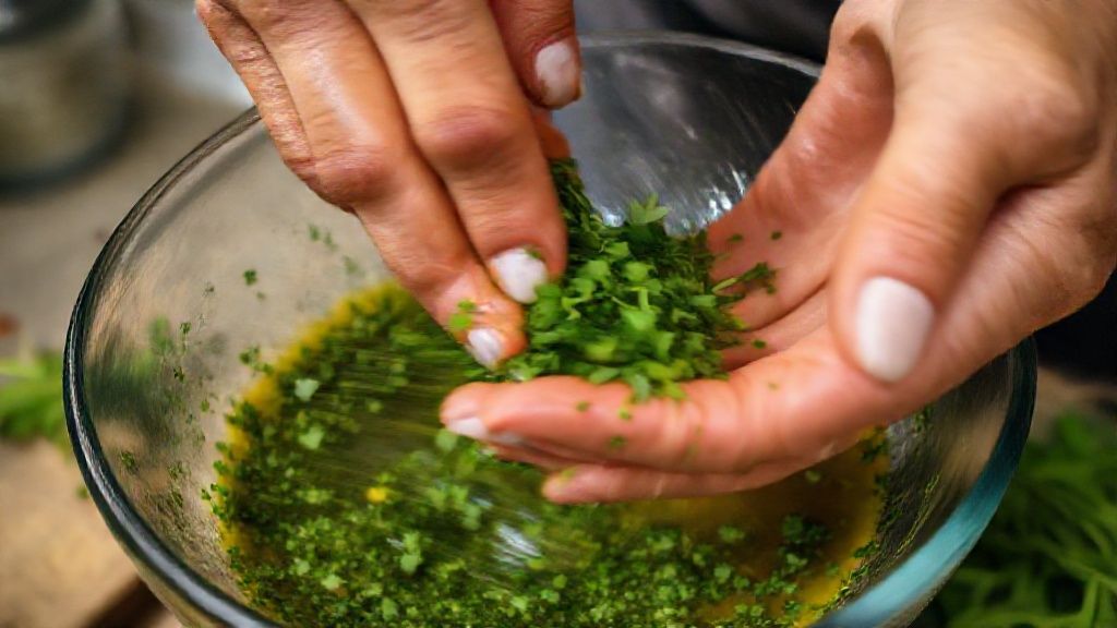 Mãos misturando ervas e azeite em uma tigela durante o preparo do chimichurri