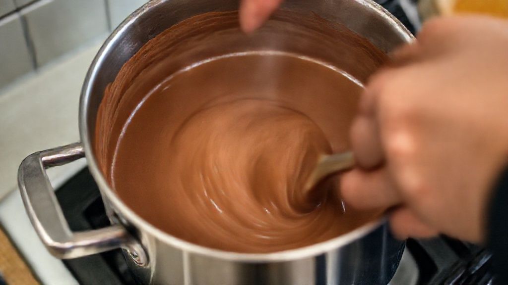 Mãos mexendo o chocolate quente em uma panela durante o cozimento, mostrando o ponto ideal da cremosidade