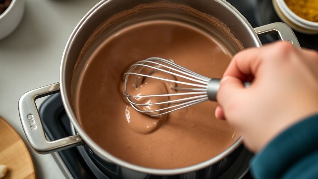 Mãos mexendo o chocolate quente na panela com fouet durante o engrossamento.