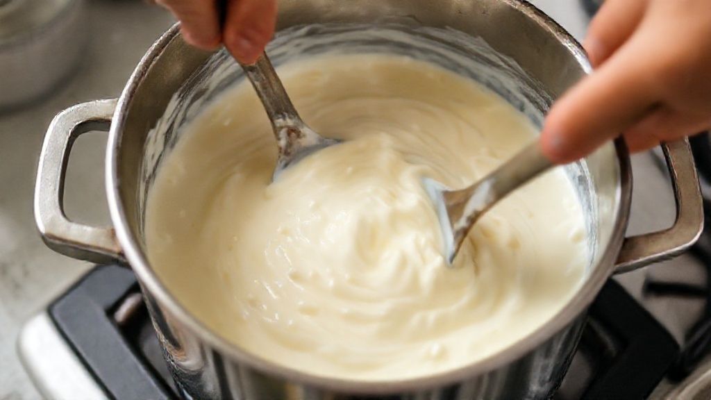Mãos mexendo a cocada cremosa em panela de fundo grosso, mostrando o ponto cremoso do doce.