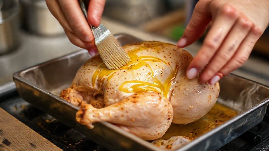 Mãos pincelando azeite sobre pedaços de frango antes de levar à airfryer ou forno