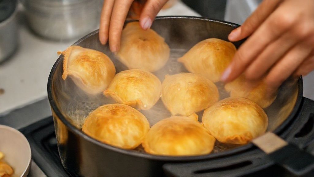 Mãos virando pastéis em uma frigideira ou colocando-os na air fryer para reaquecimento.