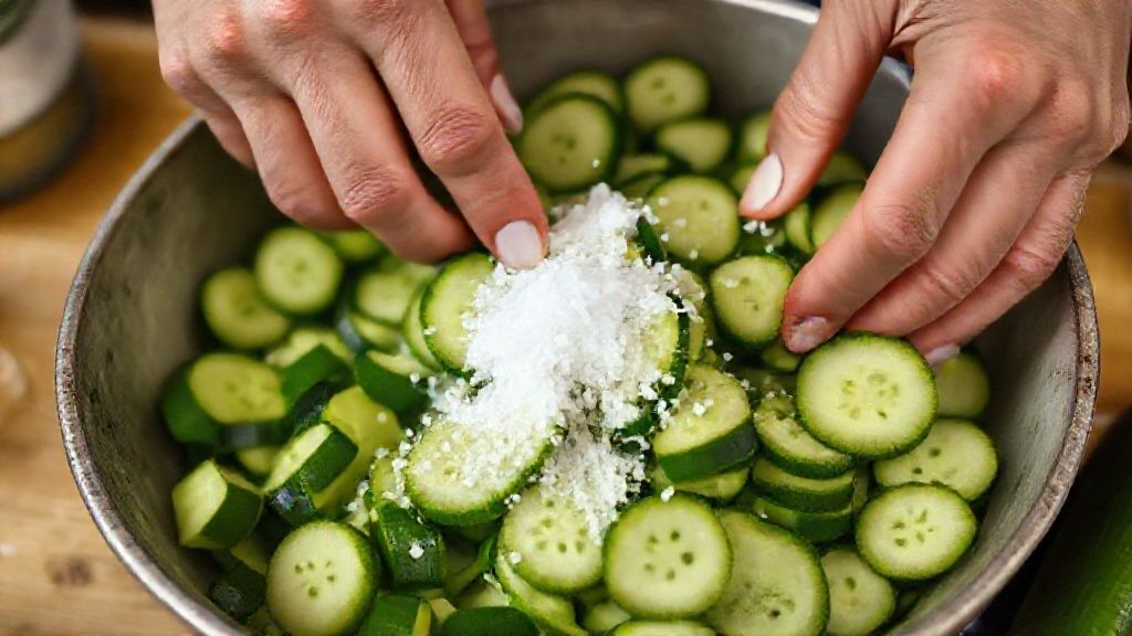 Mãos fatiando pepinos finamente e misturando com sal antes de montar os potes