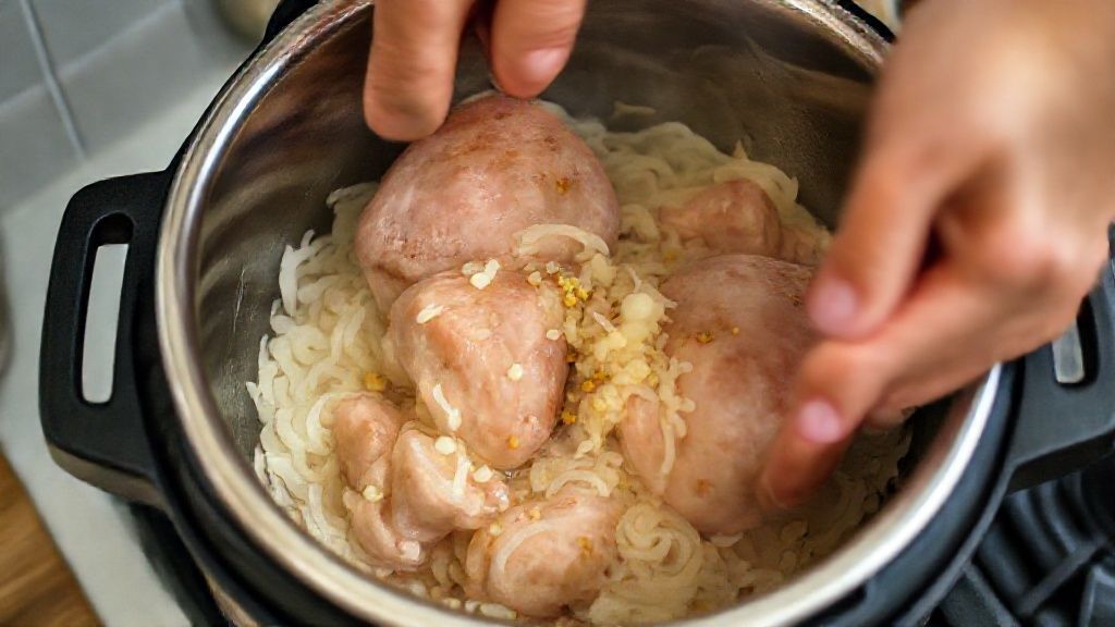 Mãos em ação refogando cebola e alho na panela de pressão