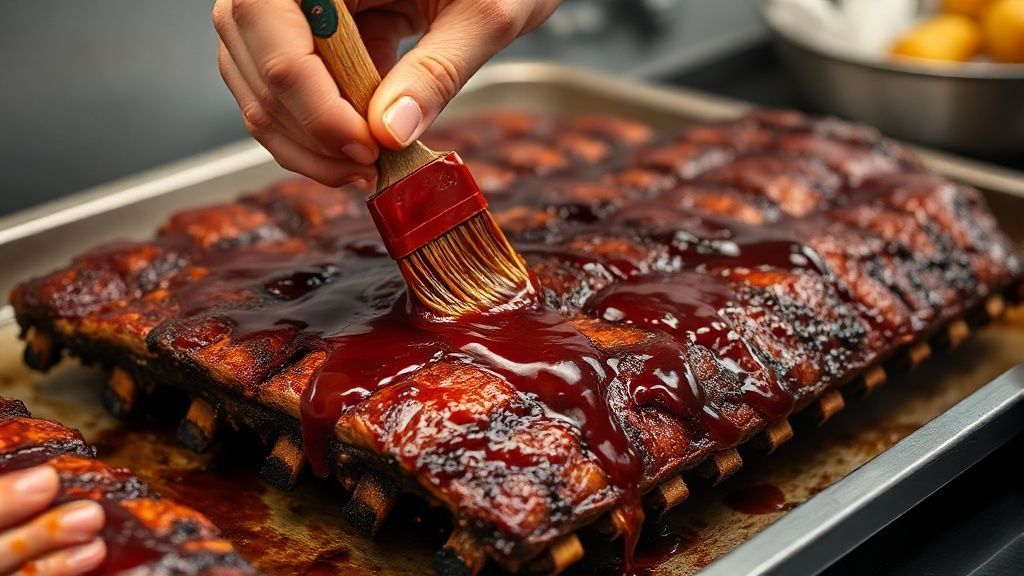 Mãos pincelando molho barbecue na carne durante o assado, mostrando o brilho e a textura