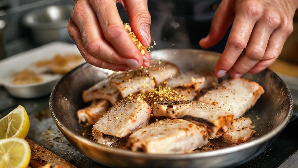Mãos temperando as postas de tambaqui com alho, limão e temperos antes da fritura.