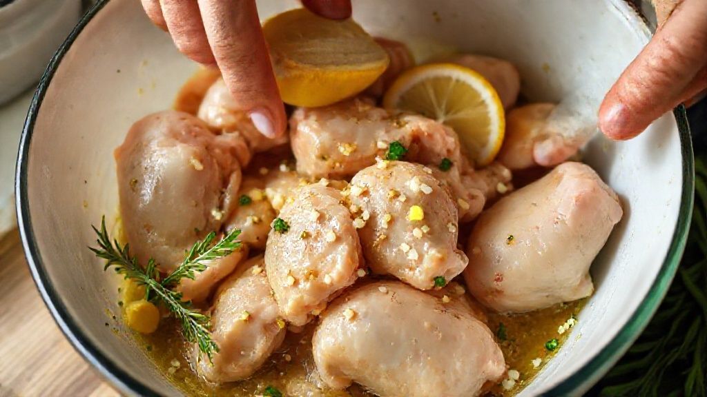 Mãos temperando as coxinhas da asa em uma tigela, cobrindo com marinada de alho e limão
