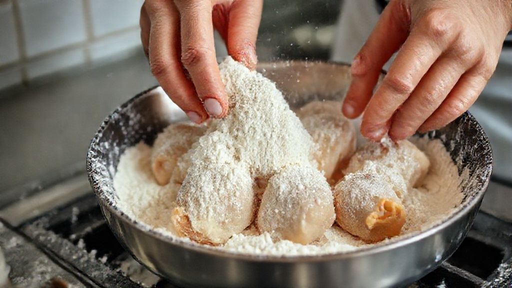Mãos empanando as coxinhas em mistura seca antes da fritura, mostrando o passo do preparo