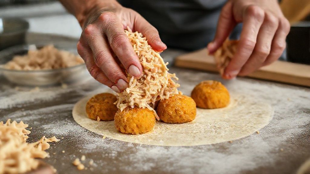 Mãos moldando a massa de batata-doce e recheando com frango durante o preparo da coxinha fit
