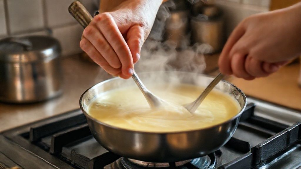 Mãos misturando o creme na panela durante o cozimento até atingir a textura ideal.