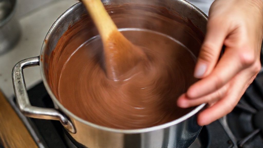 Mãos mexendo o creme de chocolate em uma panela durante o cozimento