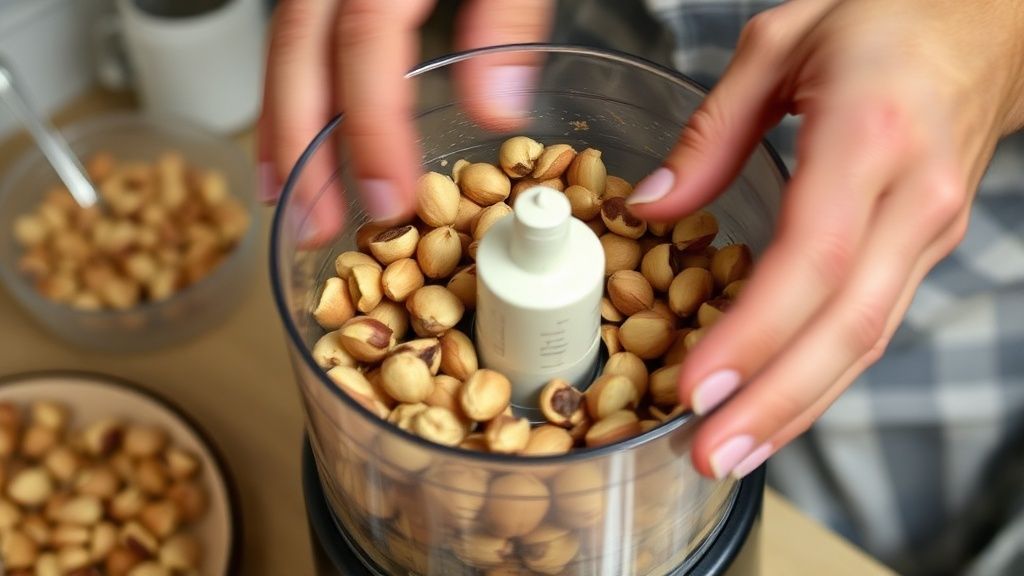 Mãos processando as avelãs no liquidificador, capturando o momento em que o creme começa a ficar homogêneo