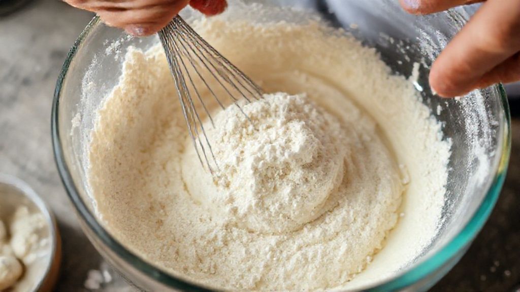 Mãos misturando o creme de empanar em uma tigela durante o preparo