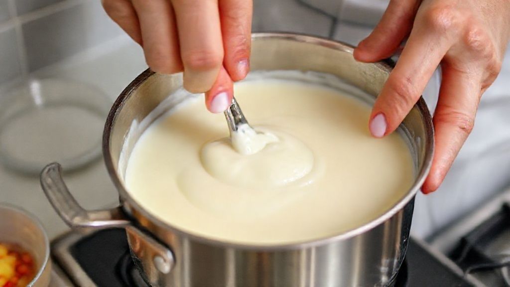 Mãos mexendo o creme na panela ou montando camadas de gelatina e creme em refratário
