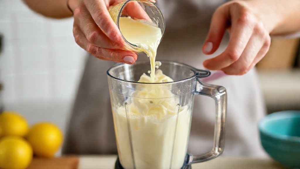 Mãos adicionando os ingredientes no liquidificador durante o preparo do cremosão de limão