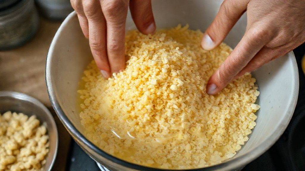 Mãos misturando flocos de milho com água em uma tigela durante o preparo do cuscuz