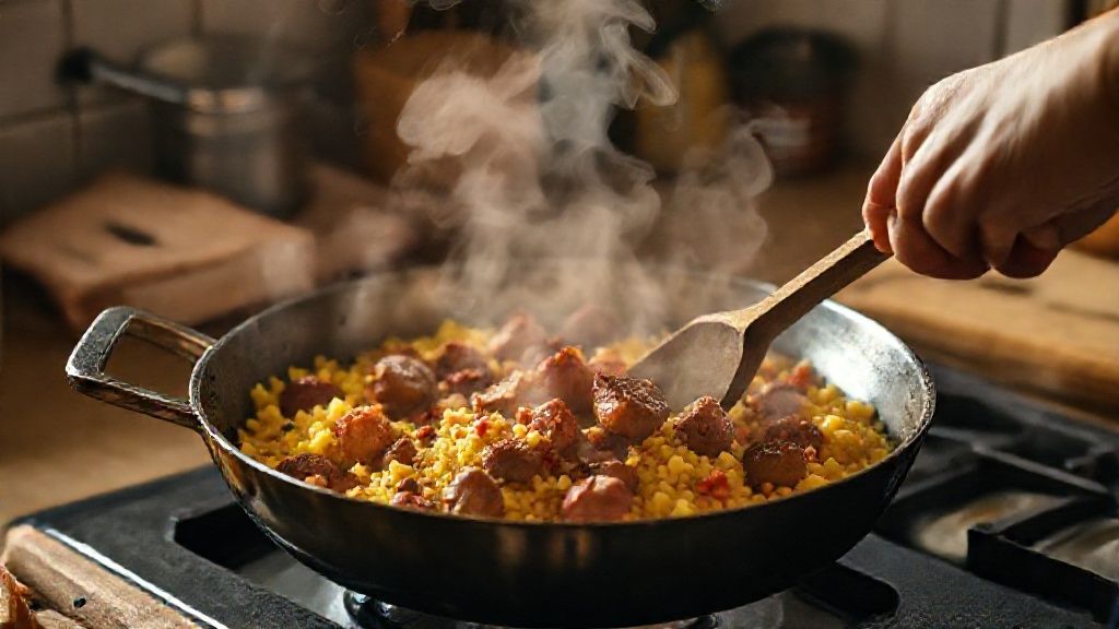 Mãos mexendo o refogado de calabresa e bacon em panela, mostrando o preparo do cuscuz