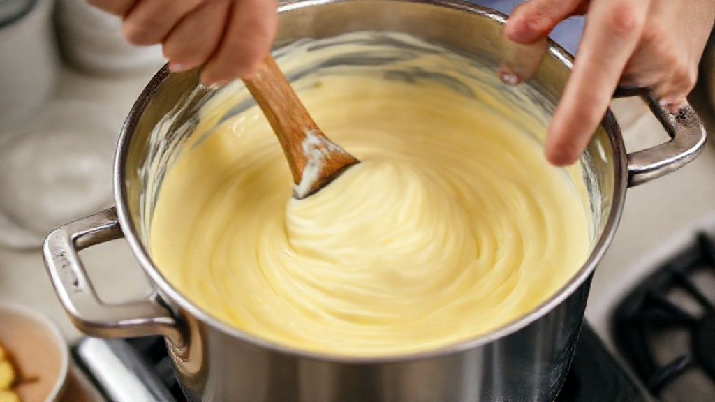 Mãos em ação durante o preparo do creme em uma panela