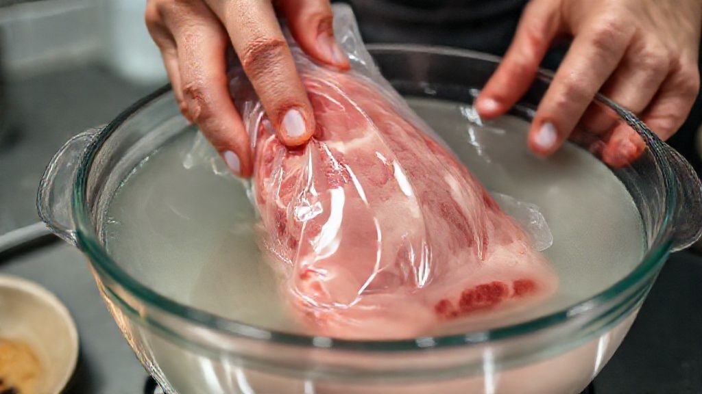 Mãos mergulhando carne embalada em recipiente com água fria durante o processo de descongelamento