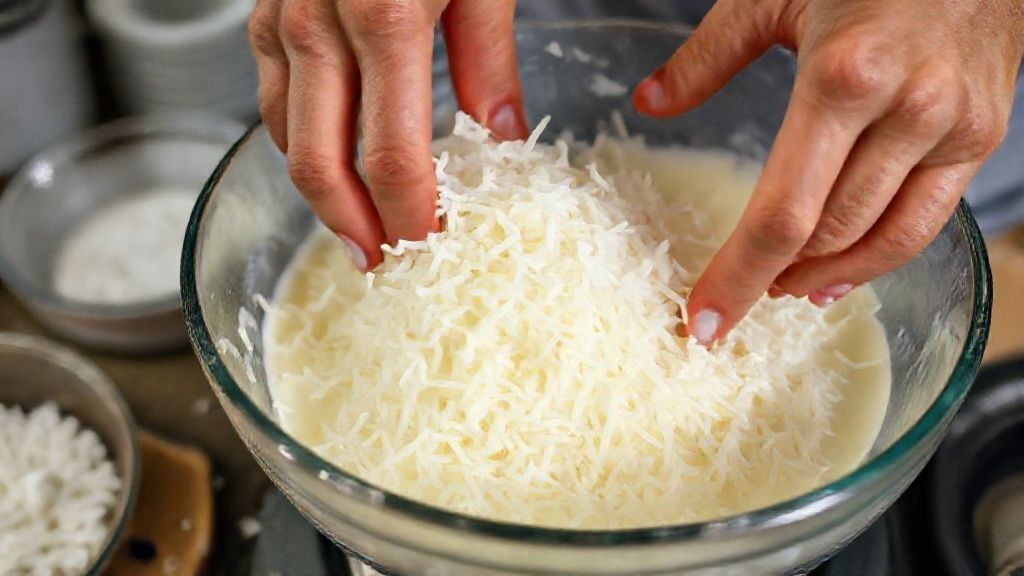 Mãos misturando coco ralado com leite condensado e leite de coco em tigela durante o preparo