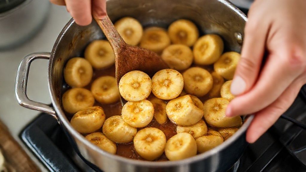 Mãos mexendo as bananas na panela durante o cozimento, formando um doce cremoso