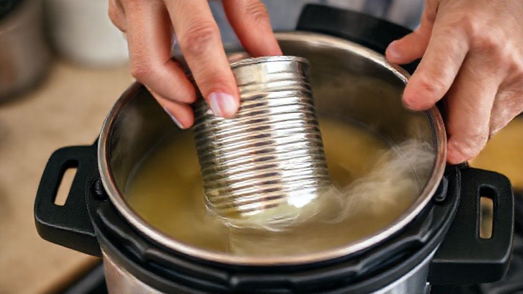 Mãos colocando a lata de leite condensado na panela de pressão com água