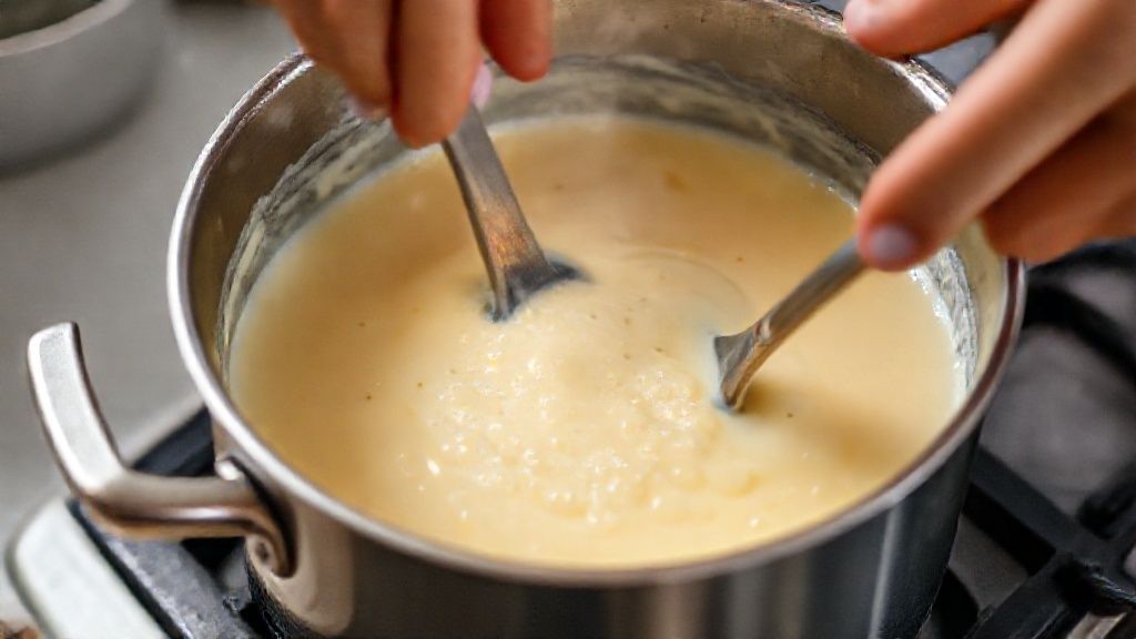 Mãos mexendo o leite caramelizando em panela de fundo grosso, durante o cozimento