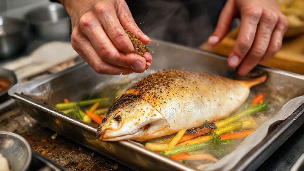 Mãos temperando o peixe dourado sobre uma assadeira com legumes coloridos