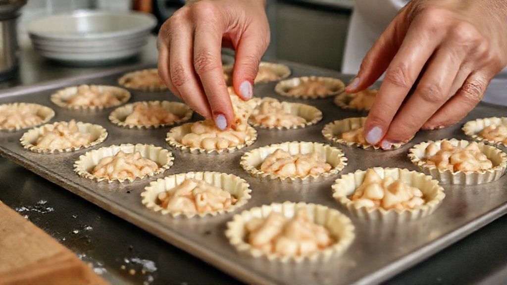 Mãos moldando a massa e adicionando o recheio cremoso de camarão nas forminhas