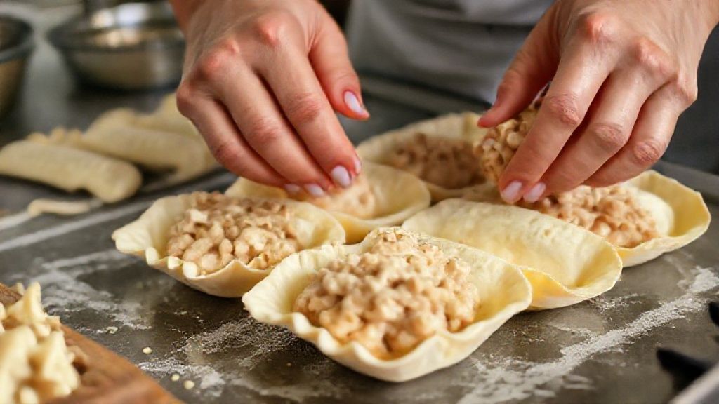 Mãos modelando a massa nas forminhas e adicionando o recheio cremoso de frango