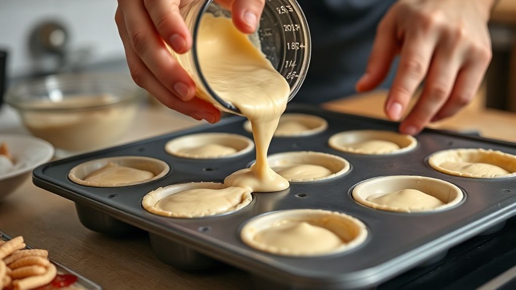 Mãos despejando massa do liquidificador em forminhas antes de assar.