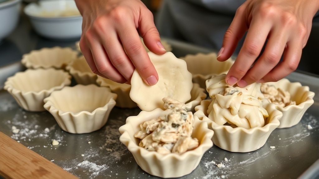 Mãos recheando e moldando as massinhas de empadinhas nas forminhas