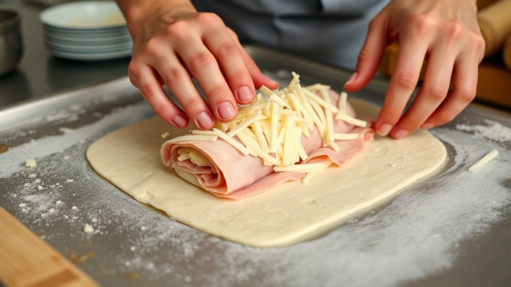 Mãos abrindo a massa e colocando o recheio antes de enrolar