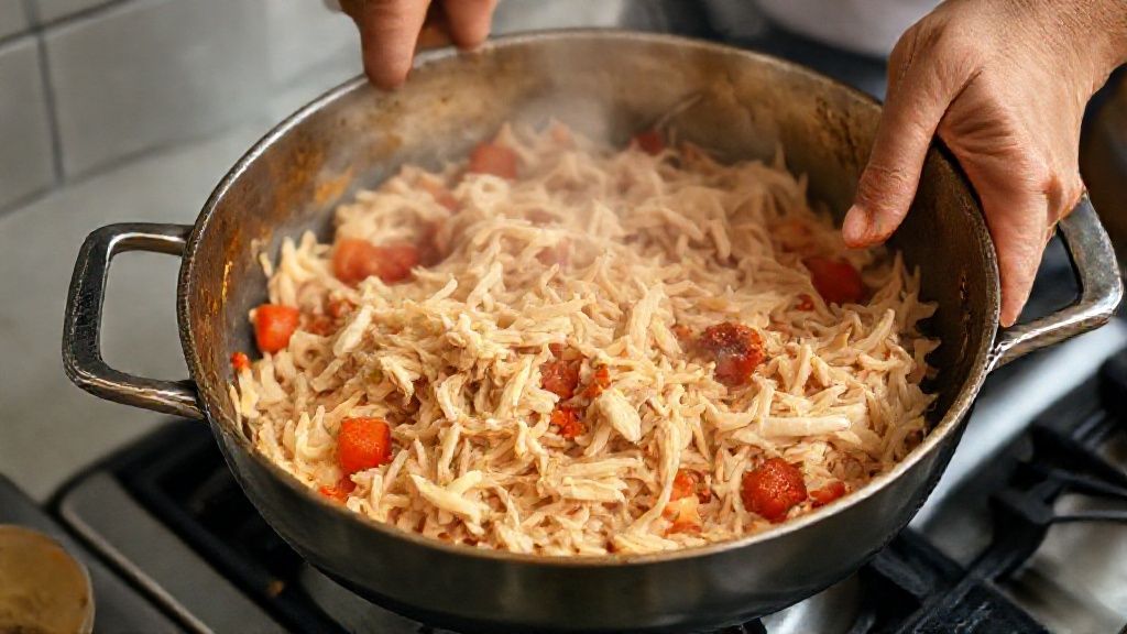 Mãos refogando o frango desfiado com temperos em panela, destacando o preparo do recheio