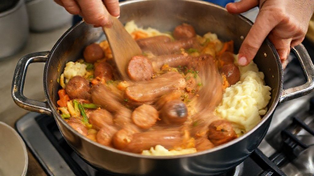 Mãos refogando salsichas e legumes em panela, mostrando o preparo do recheio.