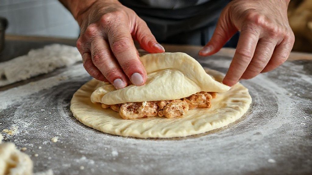 Mãos modelando e fechando a massa da esfiha com recheio cremoso de calabresa e queijo