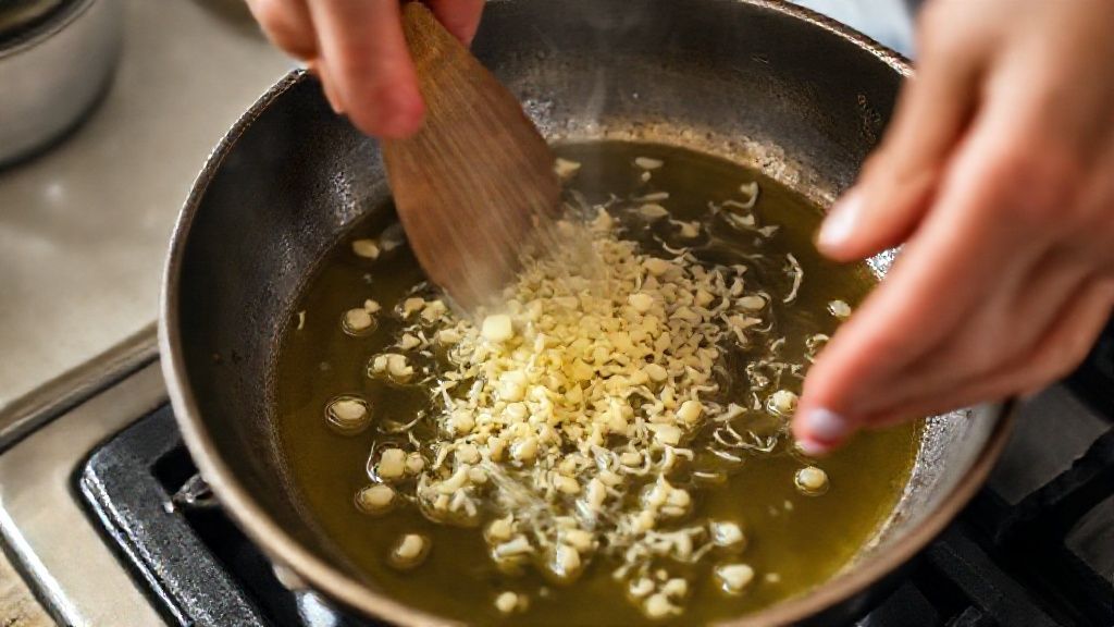 Mãos dourando alho em azeite em uma frigideira larga, durante o preparo do espaguete.