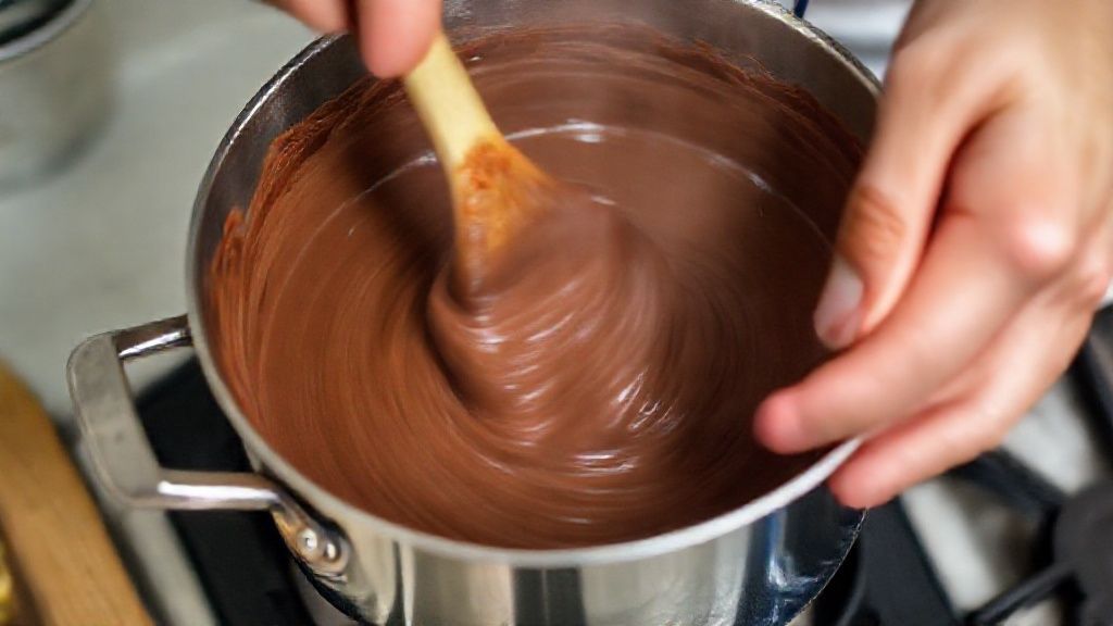 Mãos misturando o creme de chocolate em uma panela durante o preparo do estrogonofe de Bis