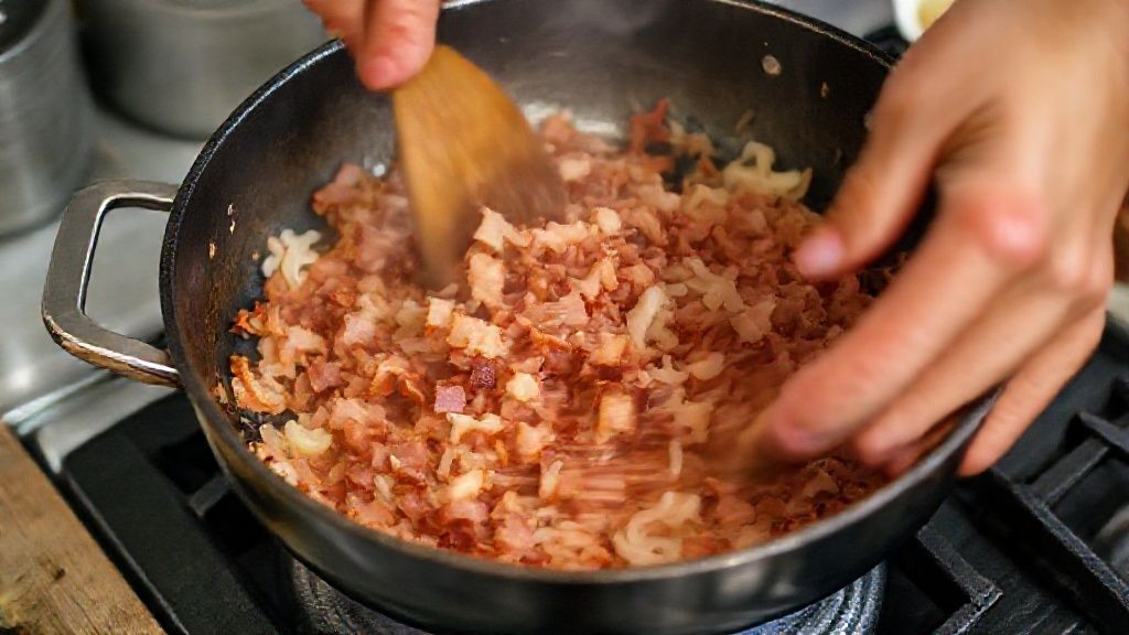 Mãos refogando o bacon e a cebola em frigideira, mostrando o passo inicial do preparo da farofa